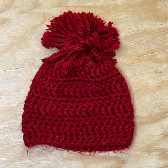 Handmade Red Crochet Pom Pom Beanie | Cozy Winter Knit Hat (1-4 years) | New - Picture 3 of 7